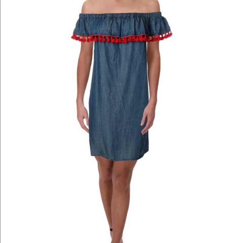 Aqua Bloomingdale's Chambray Off-the-Shoulder Dress Red Tassel Pompoms, Sz Small